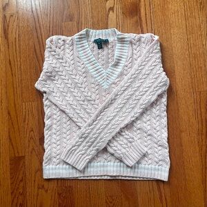 Vintage Ralph Lauren Pink and White V Neck Cable Knit Sweater Size L